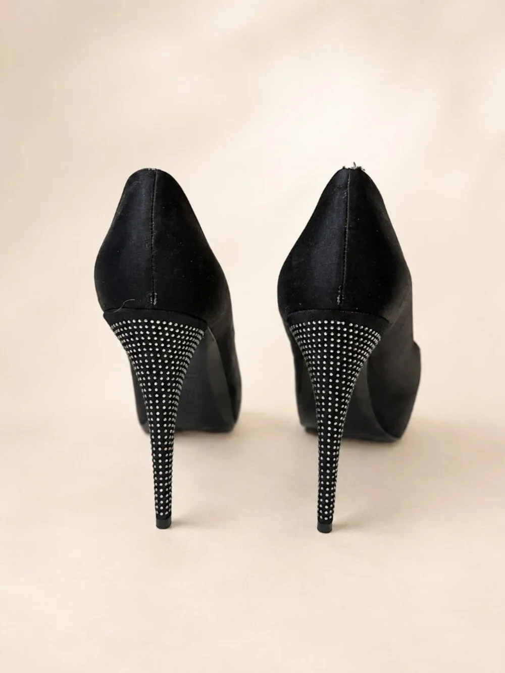 Stuart Weitzman Black Satin Peep Toe Platform Pumps Rhinestone Heels Size 12 M